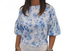 NEW AVARA floral puff sleeve top in blue